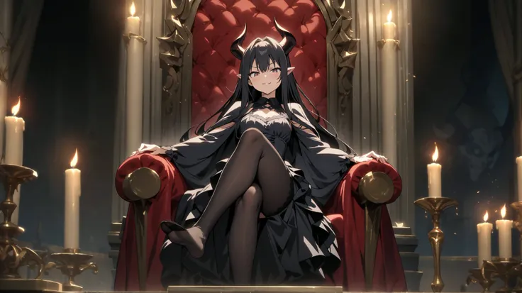high quality, anime, look from the bottom up, , demon, sits on the throne, a large hammer is throned, horns, black stockings, without shoes, looking down from above, looks excellently, a mocking smile crossed her legs, long hair, black hair, chest is visib...