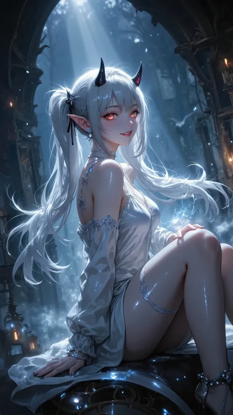 Female devil, Smile Yan, Crystal Twin Tails, small horn ribbon, Glossy Pale Skin, 