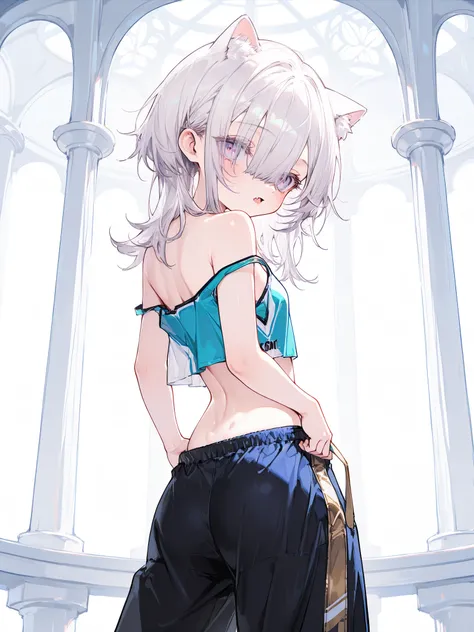 ((Masterpiece)), ((from behind, back shot)), ((best quality, very aesthetic, absurdres, newest, detailed background, High Definition)), (8K), ((1girl)), (cute young girl), (Healthy Gaunt body, Textured skin, small chest, tilt head), (pale purple eyes, grad...