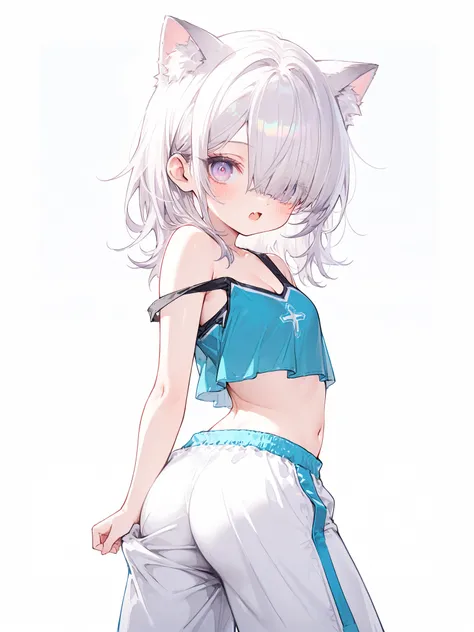((Masterpiece)), ((from behind, back shot)), ((best quality, very aesthetic, absurdres, newest, detailed background, High Definition)), (8K), ((1girl)), (cute young girl), (Healthy Gaunt body, Textured skin, small chest, tilt head), (pale purple eyes, grad...