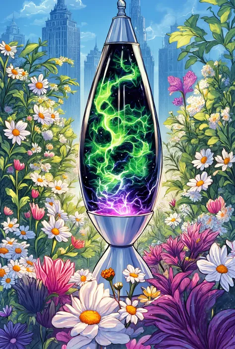 Colorful lavaa lamp in the center, colors are white, black, green, purple, flowers in backround, without city 