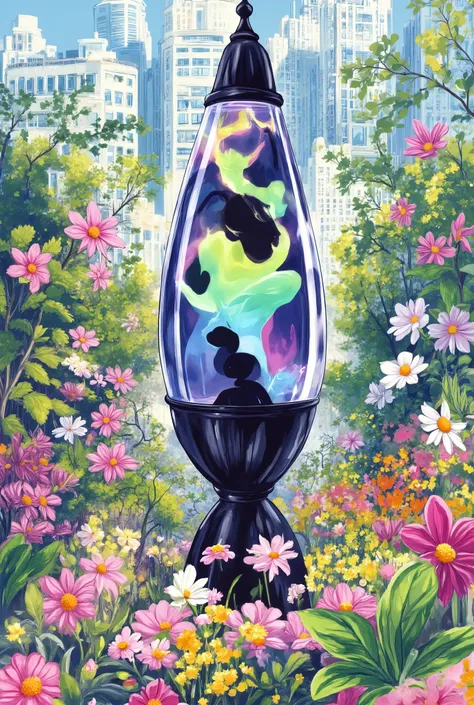 Colorful lavaa lamp in the center, colors are white, black, green, purple, flowers in backround 