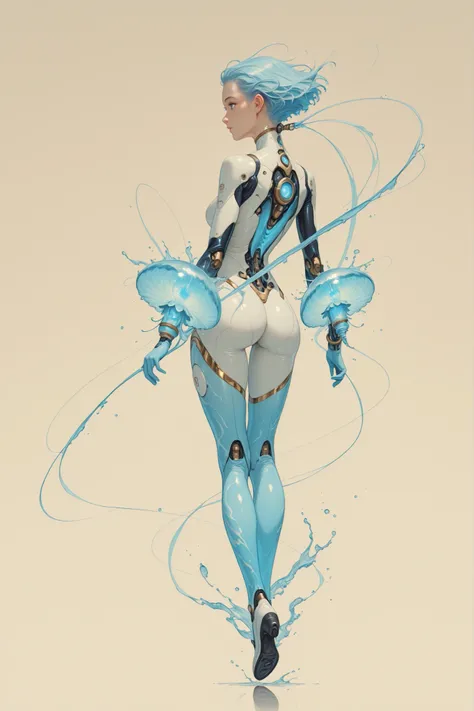 1girl, A sleek, anime-style android woman with short, wavy turquoise-blue hair, resembling ocean currents. Her eyes glow softly, infused with deep-sea bioluminescence, conveying warmth and curiosity. Her synthetic skin is smooth with delicate luminescent l...