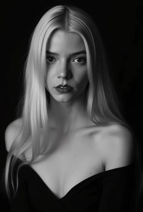 In a monochromatic setting, a girl showcases striking long, blonde hair that flows freely over their shoulders. The hair is characterized by its smooth texture and subtle layers, catching the light in gentle highlights that contrast against a shadowy backd...
