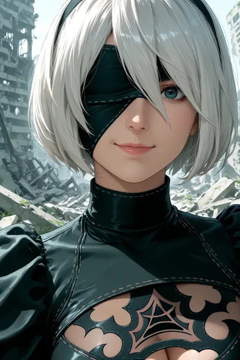 NieR: Automata,2B, Anime coloring,big ,close-up,cleavage,has a red face、Smile,ruins,