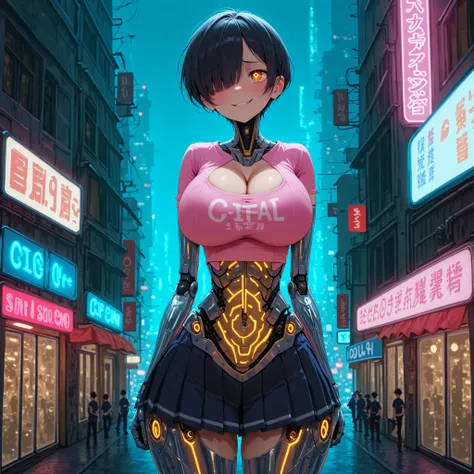 (masterpiece), best quality, expressive eyes, perfect face, (city background), (shy), (smirk), (cleavage view), (((1girl)))), 18+, belle delphine as a robo_girlfriend, android, robot, cybernetic, fair skin, black hair, short flat hair with long bangs, flat...