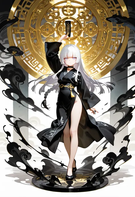1girl, light lavender eyes, jitome, white Hair, blunt bangs, hime cut, small , black clothes, high waist, long Side slit skirt, Choker, bare legs, foot, black nails, flower pattern, masterpiece, best quality, Perfect details, perfect composition, Perfect f...