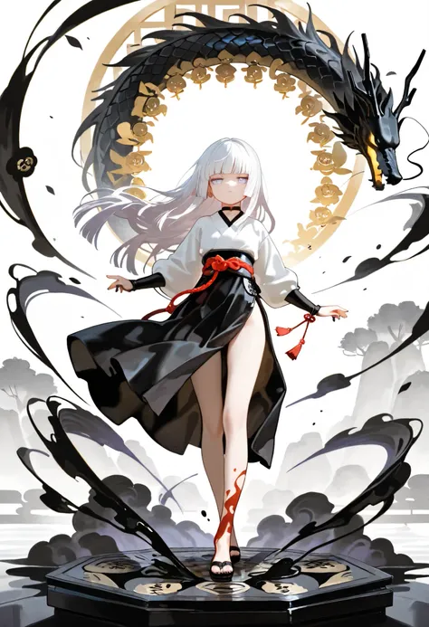 1girl, light lavender eyes, jitome, white Hair, blunt bangs, hime cut, small , black clothes, high waist, long Side slit skirt, Choker, bare legs, foot, black nails, flower pattern, masterpiece, best quality, Perfect details, perfect composition, Perfect f...