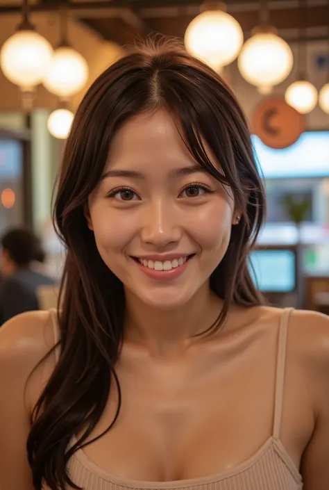 Realistic photo of (Korean actress), tank top, in ramen shop, smiling, Canon EOS, clear facial features, close up portrait, cinematic mode, 8K, Hyūga_Hinata's