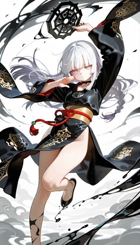 1girl, light lavender eyes, jitome, white Hair, blunt bangs, hime cut, small , black clothes, high waist, long Side slit skirt, Choker, bare legs, foot, black nails, flower pattern, masterpiece, best quality, Perfect details, perfect composition, Perfect f...