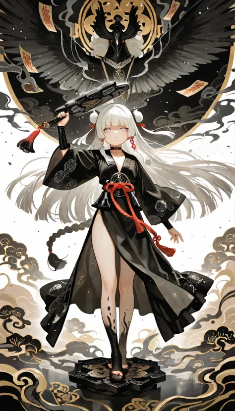 1girl, light lavender eyes, jitome, white Hair, blunt bangs, hime cut, small , black clothes, high waist, long Side slit skirt, Choker, bare legs, foot, black nails, flower pattern, masterpiece, best quality, Perfect details, perfect composition, Perfect f...