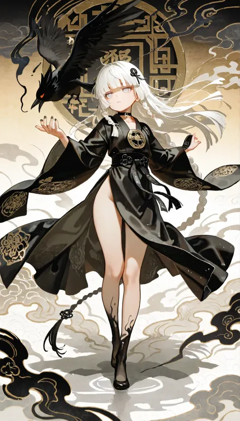 1girl, light lavender eyes, jitome, white Hair, blunt bangs, hime cut, small , black clothes, high waist, long Side slit skirt, Choker, bare legs, foot, black nails, flower pattern, masterpiece, best quality, Perfect details, perfect composition, Perfect f...