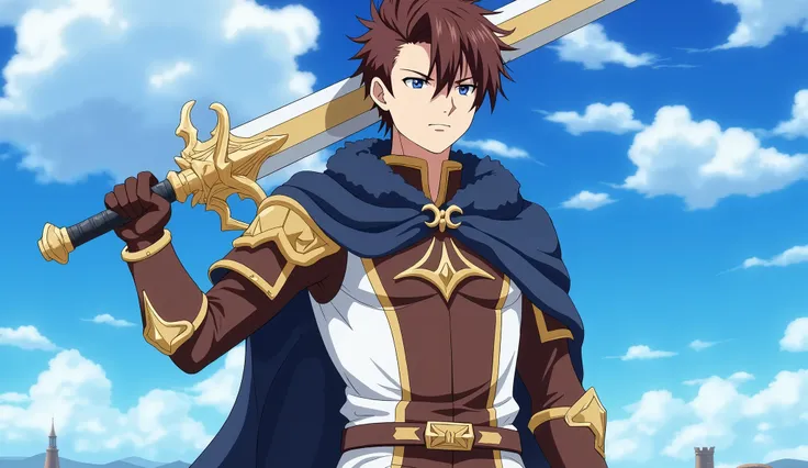 A heroic anime-style young man standing confidently under a bright blue sky with scattered clouds, holding a large ornate sword resting on his shoulder. He has short, tousled brown hair, wears a dark blue cape with fur trim, and a brown and gold fantasy wa...