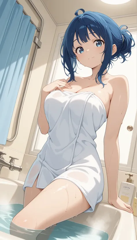 masterpiece, best quality, amazing quality,
1girl, blue hair, medium hair, blue eyes, ahoge, steam, bathroom, curtain, tied hair, looking at viewer, light smile,from below side, ,wet, sitting in bathtub, dutch angle, partially submerged, water, water,colla...