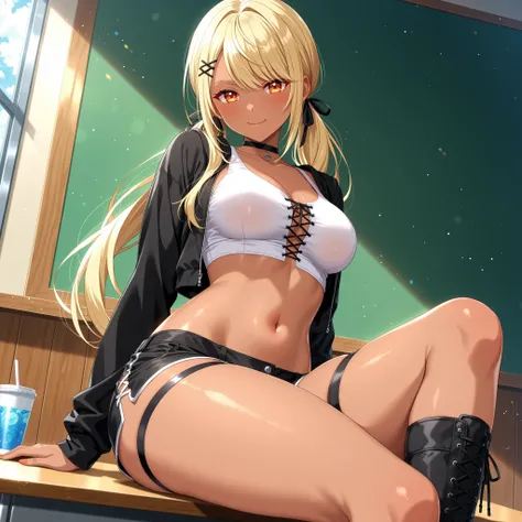 solo,masterpiece,best quality, masterpiece, Super detailed,High resolution,Extremely detailed CG,QpiCos1 dark skinned female, orange eyes, blonde hair, long hair, low twintail, hair ribbon, hairclip, choker, white shirt, midriff, black shorts, thigh strap,...