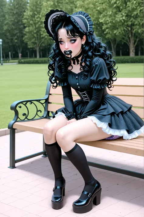 masterpiece, very awa, best quality, amazing quality, very aesthetic, absurdres, newest, intricate details, realistic, outdoors, park, wind, windy, full body, 1girl, young, caucasian, perfect face, light skin, blush, eyeshadow, side glance, nervous, black ...