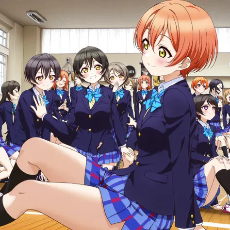 1girl,unwellness depressed striped, short hair, blush, otonokizaka school uniform, lovelive_rin black blazer, blue plaid skirt, blue stripe bowtie, orange hair, very short hair, hair between eyes, yellow green eyes,thick thighs,smile,sitting on the floor g...