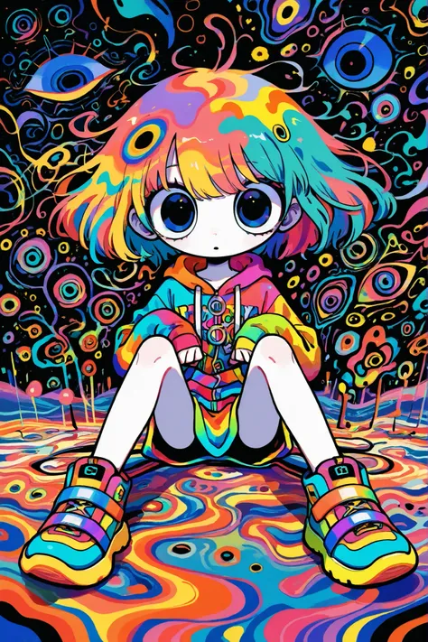 1 , colorful fashion, Hair, sit with legs spread, rest, Naughty, ultimate quality, big eyes, abstract,