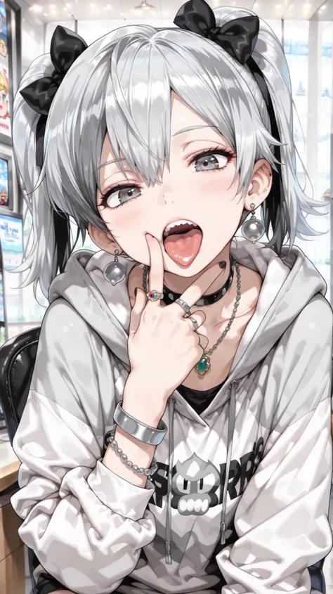 ((Masterpiece)), (( best quality)), (cartoon:1.3),(super detailed:1.2), ( High Resolution :1.3), ( professional photography:1.4),, double ponytail, hoodie from Mario Bros, retro gothic , posture, cute, spit out your tongue, high quality, necklace, ri...