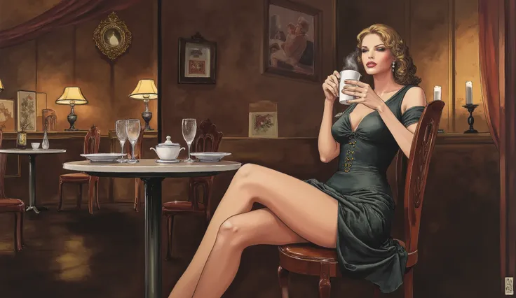 1940´s, elegant woman drinking a coffe in a vintage coffee jazz café, woman looking away from camera as she is enjoying a hot coffee drink, beautiful legs showing off from dress, sexy and elegant