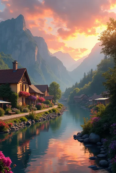 a small village by the river, mountains in the background, floral flowers colorful, detailed landscape, Beautiful natural landscapes, atmospheric lighting, scorching sunset, warm colours, practical, photopractical, Detailed Foliage, complex buildings, cobb...