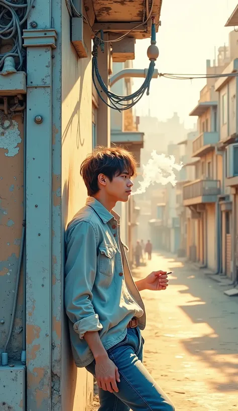 live action An attractive man of about 28 years old leaning against a concrete wall in a narrow urban alley, smoking a cigarette, golden hour sunlight, surface depth of field, realistic lighting and skin, film photography 4k, street portrait style, Urban r...