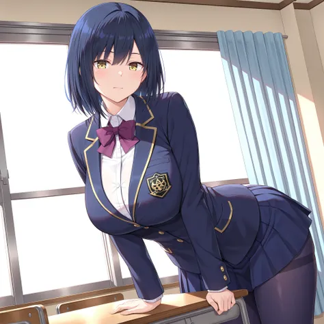 solo,masterpiece,best quality, amazing quality, highres, absurdres, very aesthetic, high resolution, ultra detailed, perfect details,nijirin,large breasts,yellow eyes,blue hair,black hair,moles,medium hair,nijirincos,white shirt,collared shirt,purple bowti...