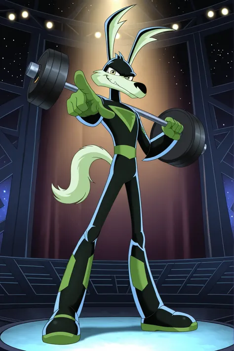 Techcoyote, 1boy, bodysuit, standing, looking_at_viewer, stage background, stars, pointing at viewer, smirk, lights, lifting a heavy barbell with , full body, masterpiece 