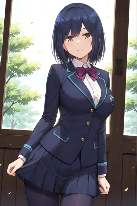solo,masterpiece,best quality, amazing quality, highres, absurdres, very aesthetic, high resolution, ultra detailed, perfect details,nijirin,large breasts,yellow eyes,blue hair,black hair,moles,medium hair,nijirincos,white shirt,collared shirt,purple bowti...