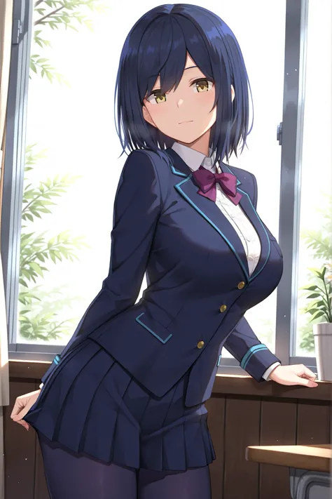 solo,masterpiece,best quality, amazing quality, highres, absurdres, very aesthetic, high resolution, ultra detailed, perfect details,nijirin,large breasts,yellow eyes,blue hair,black hair,moles,medium hair,nijirincos,white shirt,collared shirt,purple bowti...