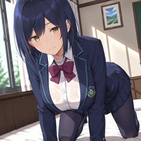 solo,masterpiece,best quality, amazing quality, highres, absurdres, very aesthetic, high resolution, ultra detailed, perfect details,nijirin,large breasts,yellow eyes,blue hair,black hair,moles,medium hair,nijirincos,white shirt,collared shirt,purple bowti...