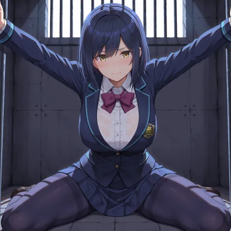 solo,masterpiece,best quality, amazing quality, highres, absurdres, very aesthetic, high resolution, ultra detailed, perfect details,nijirin,large breasts,yellow eyes,blue hair,black hair,moles,medium hair,nijirincos,white shirt,collared shirt,purple bowti...