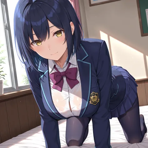 solo,masterpiece,best quality, amazing quality, highres, absurdres, very aesthetic, high resolution, ultra detailed, perfect details,nijirin,large breasts,yellow eyes,blue hair,black hair,moles,medium hair,nijirincos,white shirt,collared shirt,purple bowti...