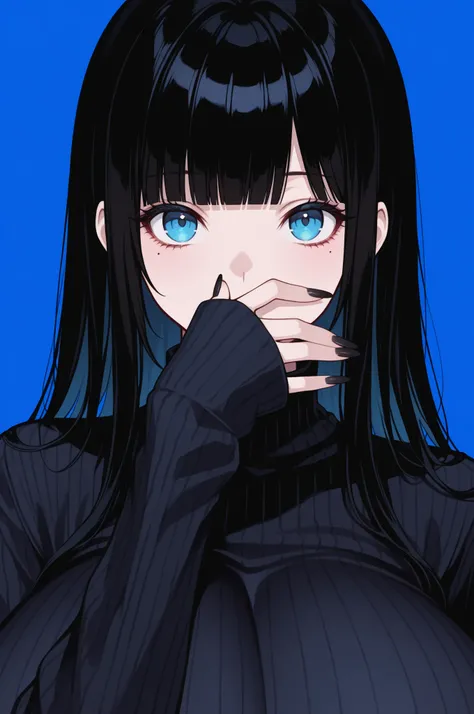 masterpiece, best quality, 1girl, solo, bangs, mole under eye, black nails, blunt bangs, mole, blue background, simple background, black hair, looking at viewer, eyelashes, fingernails, nail polish, covered mouth, portrait, long hair, long fingernails, lon...