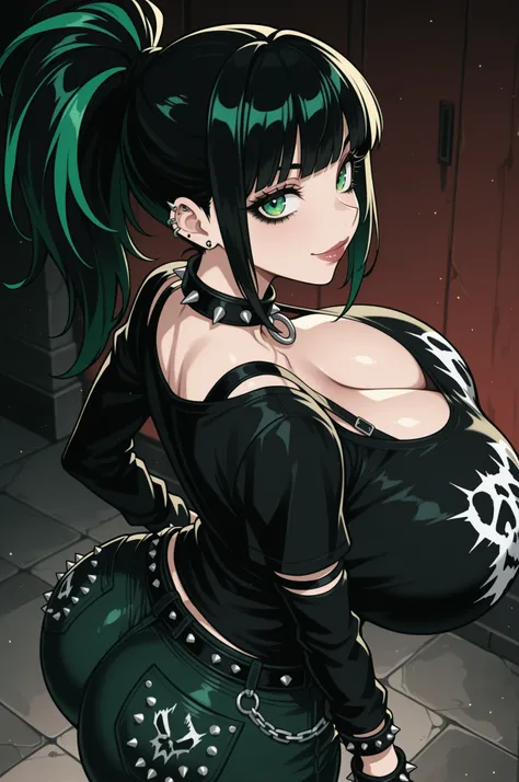 black hair, long ponytail, side locks, bangs, black eyeliner, long eyelashes, puffy lips, black eyebrows, spike collar, gigantic breasts, emerald green eyes, looking at viewer, sexy, cleavage,soft smile, ((punk style, gothic style)), jewelry, voluptuous, h...