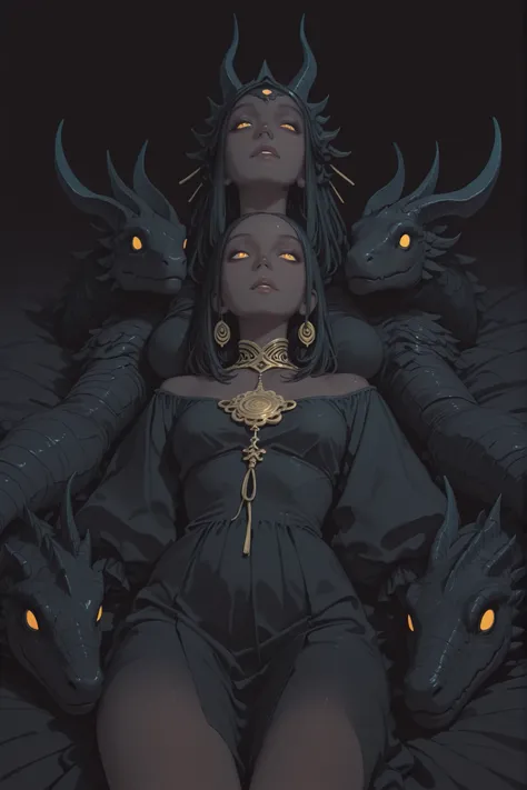 no lineart,no outline,,haiz_ai,karasuchan1204,acrylic painting,realism,dark colors, goddess, shear baggy dress, laying on her back , 