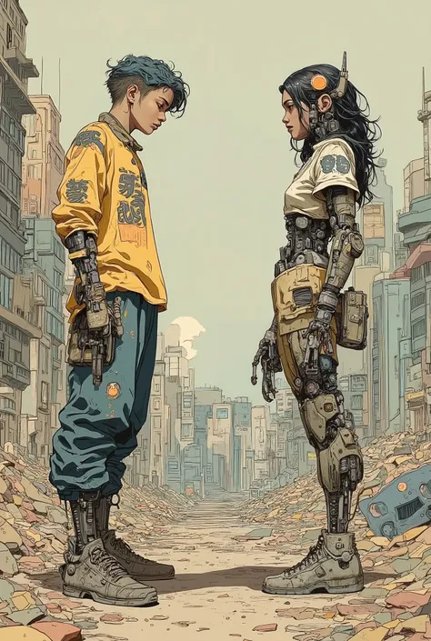 The two characters,Boy and android,facing each other,There is a boy in tattered clothes in an abandoned or futuristic city。I have a cyberpunk female soldier friend like an android made of holograms to watch over that boy。They are living strong in a ruined ...