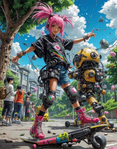 A very cheerful and kawaii Japanese girl (13-) in a bright Harajuku style is having fun skateboarding in a summer park, holding hands with her robot friend. Her look is bold and trendy: pink or multicolored dreadlocks/tails, neon accessories (large clips, ...