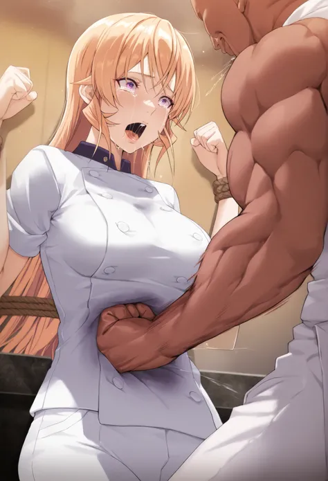 masterpiece,best quality, Nakiri Erina, in pain, crying , saliva,  long hair, blonde hair, purple eyes, chef uniform, buttons, white pants, (hands tied behind body), (punch to the stomach), mans hands punching stomach , happy face man, bald man, dark skin ...