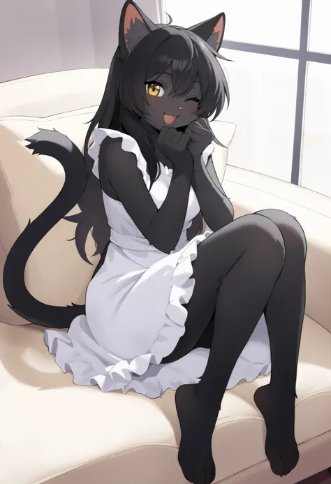 masterpiece, best quality, anime style illustration, (furry:1.2),1girl, cute cat girl (猫娘) with fluffy black cat ears and a long, expressive black tail, wearing a playful short frilled dress and white apron, sitting curled up on a large, soft velvet cushio...