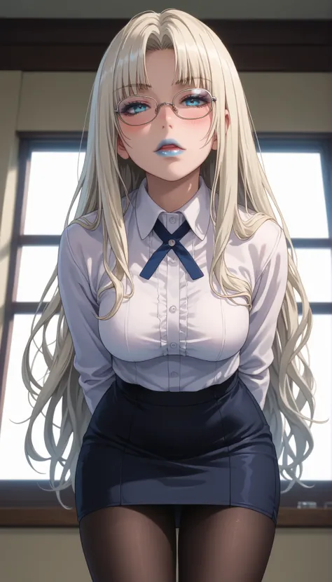 kirari momobami, 1 girl, long flowing hair, white hair, parted bangs, big blue eyes, dolls eyes, highly detailed face, glossy detailed lips, blue lipstick, eyeshadow, highly detailed clothing, wearing sexy teachters clothing, white shirt, tight pencil skir...