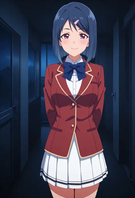  score_9,score_8, score_7_up,masterpiece,best quality ,solo,(blue hair:0.6),long hair,(tareme:0.7),(v-shaped eyebrows:0.3),anime coloring,red jacket,white shirt,blue bowtie,white skirt,pleated skirt,cowboy shot,smile face ,glossy lips , closed mouth ,stand...