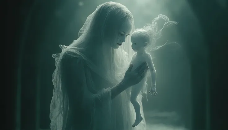 A ghost woman is holding a ghost child.
