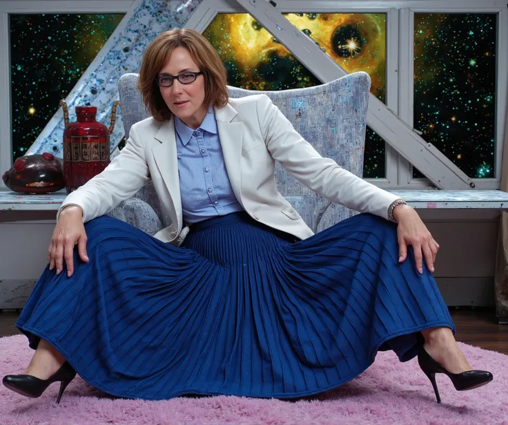  In an interstellar office adorned with vintage charm, a demure, mature therapist, dressed in a crisp uniform jacket and a blouse, reveals her alluring feminine grace. Her long, pleated skirt sweeps dramatically across the metallic floor, each fold a testa...