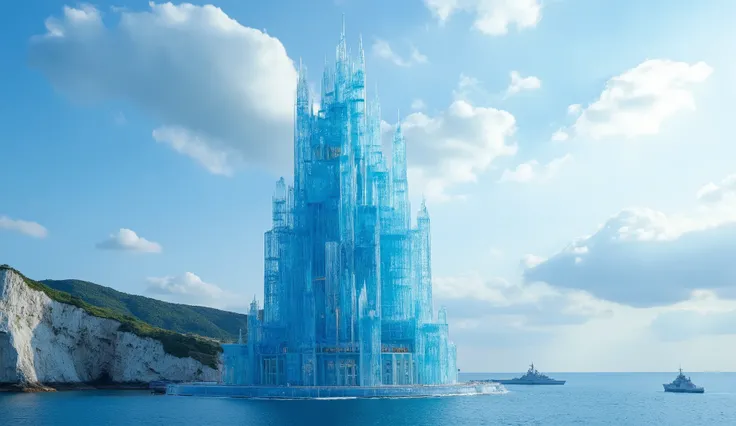 highdefinition images、Scenery from the Dover Strait Cliff{X}(A huge, transparent blue glass castle that seems to reach the sky)masterpiece、top quality DVD、Two Aegis Ships at Sea、Antique Glass Castle Continuing Through the City、Look Up、Blue Sky Flowing、Hug...