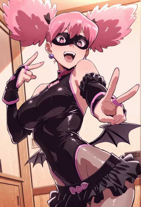 masterpiece, best quality, amazing quality, aesthetic, absurdres, best quality, Kazuho, 1girl, pink hair, solo, wings, earrings, jewelry, mask, twintails, leotard, skirt, pink eyes, bridal gauntlets, gloves, upscale, indoors, pose, foreshortening, v, open ...
