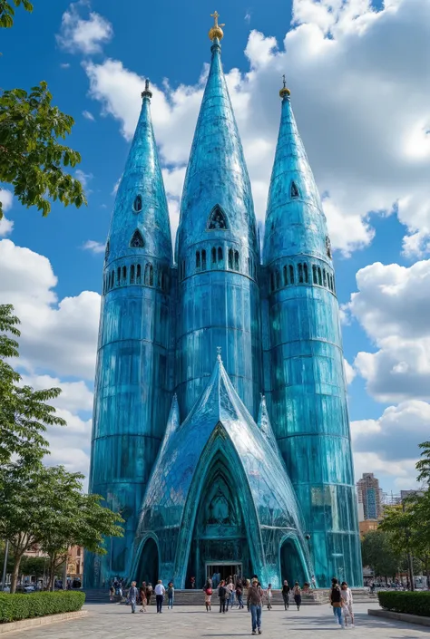Sagrada Familia,highdefinition images、(A huge, transparent blue glass castle that seems to reach the sky)masterpiece、top quality、Antique Glass Castle Continuing Through the City、Look Up、Blue Sky Flowing、(The completed Sagrada Familia temple made of glass:1...