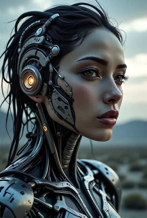 arafed woman, Portrait of a cybernetic woman android Gunslinger. soft features, Soft Illustration with a dynamic background, elegant intricate artstation concept art style of Ashley Wood, Jae Wood, desolate tones, intricate detail, breathtaking masterpiece...