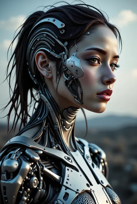 arafed woman, Portrait of a cybernetic woman android Gunslinger. soft features, Soft Illustration with a dynamic background, elegant intricate artstation concept art style of Ashley Wood, Jae Wood, desolate tones, intricate detail, breathtaking masterpiece...
