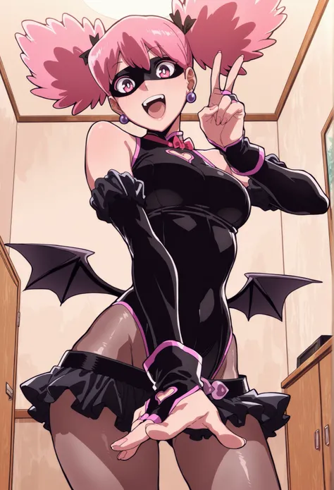 masterpiece, best quality, amazing quality, aesthetic, absurdres, best quality, Kazuho, 1girl, pink hair, solo, wings, earrings, jewelry, mask, twintails, leotard, skirt, pink eyes, bridal gauntlets, gloves, upscale, indoors, pose, foreshortening, v, open ...